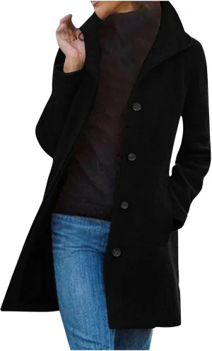 Pea Coats for Women Winter Stand Collar Trench Coats Trendy Single Breasted Tweed Jacket with Pockets Long Wool Overcoat