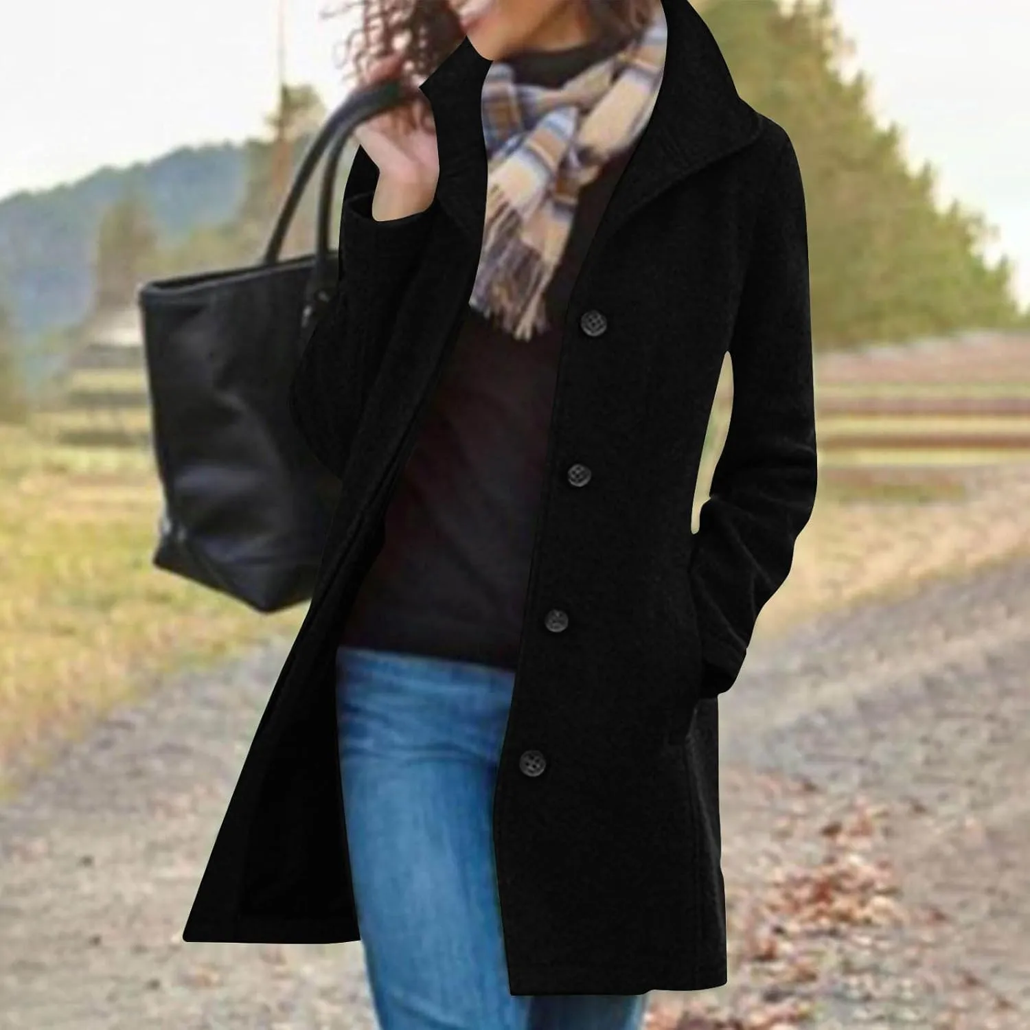 Pea Coats for Women Winter Stand Collar Trench Coats Trendy Single Breasted Tweed Jacket with Pockets Long Wool Overcoat