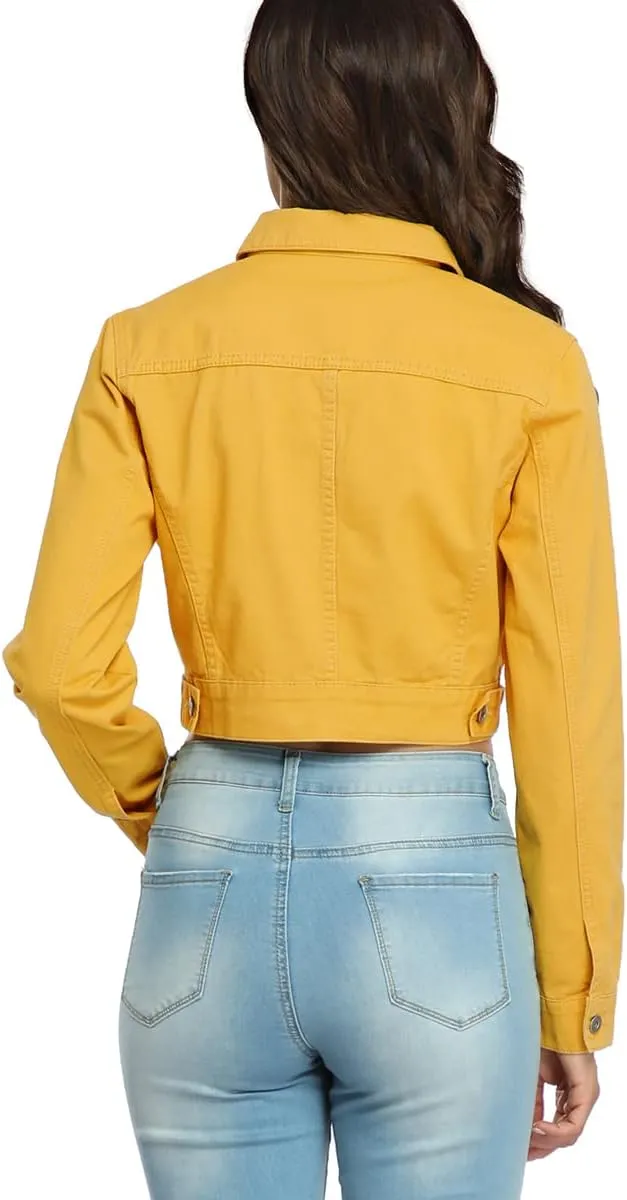 PEIQI Womens Cropped Jean Denim Jacket Button Down Long Sleeve with Pockets