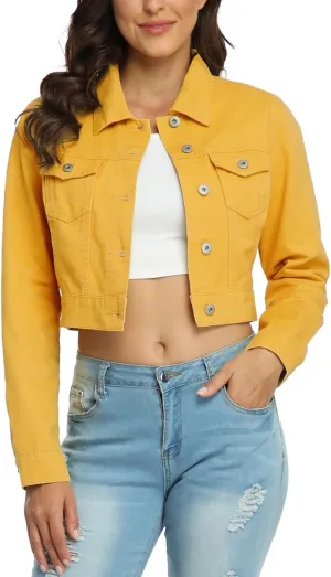 PEIQI Womens Cropped Jean Denim Jacket Button Down Long Sleeve with Pockets