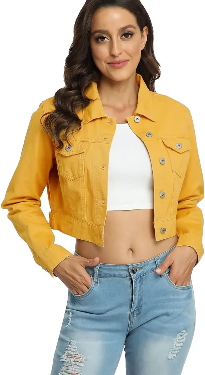 PEIQI Womens Cropped Jean Denim Jacket Button Down Long Sleeve with Pockets