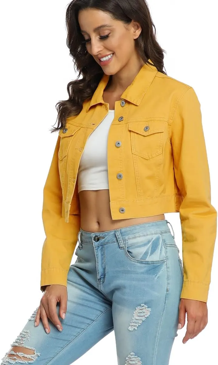 PEIQI Womens Cropped Jean Denim Jacket Button Down Long Sleeve with Pockets