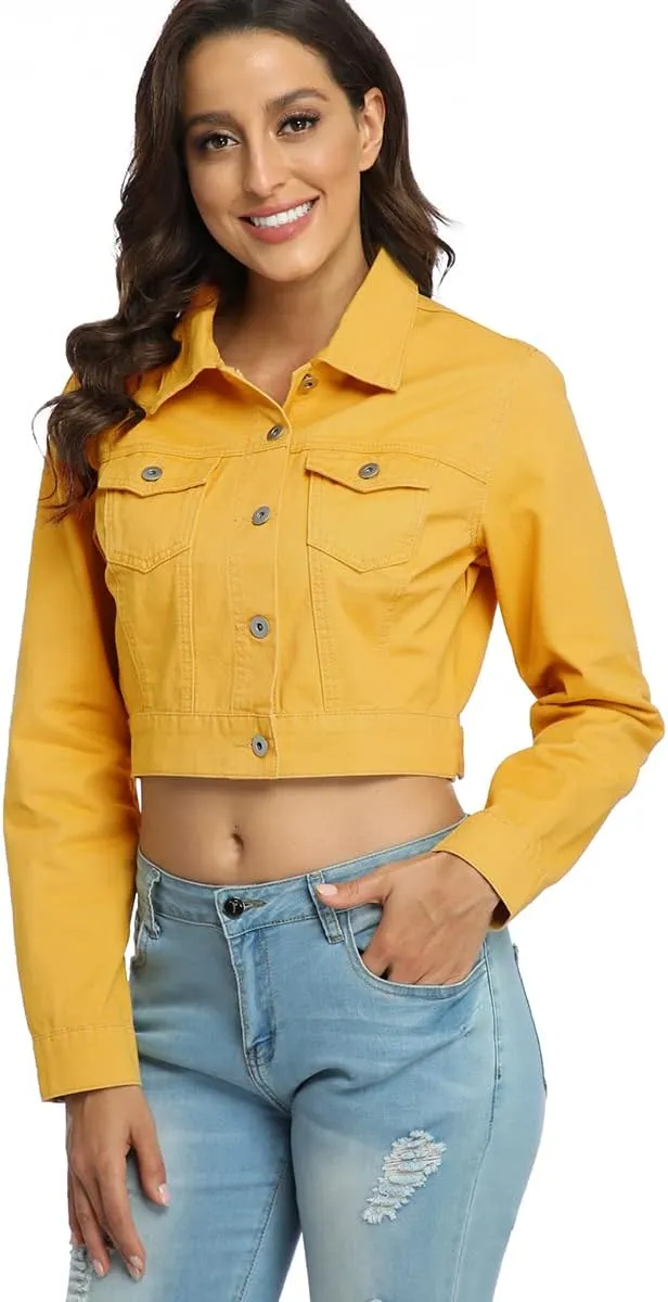 PEIQI Womens Cropped Jean Denim Jacket Button Down Long Sleeve with Pockets
