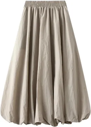 Perbai Womens Y2K Bubble Long Skirt Elastic Waist A Line Pleated Casual Fairy Ruffle Midi Balloon Skirt