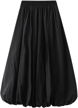 Perbai Womens Y2K Bubble Long Skirt Elastic Waist A Line Pleated Casual Fairy Ruffle Midi Balloon Skirt