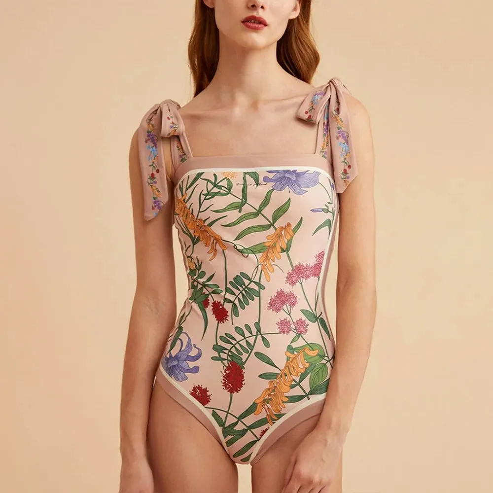 Pink Double Sided Print One Piece Swimsuit Set Lace Up Slim Bikini and Beach Skirt Vintage Square Neck Elegant Swimwear 2022