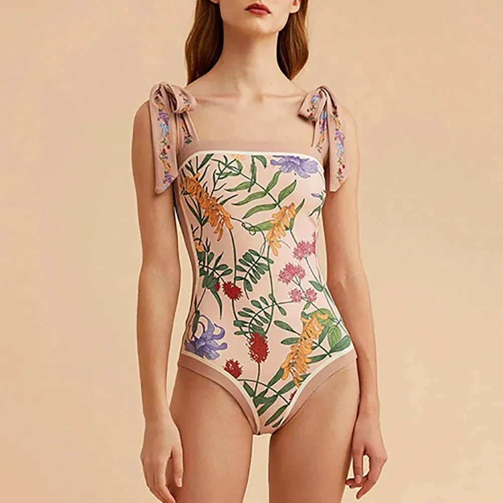 Pink Double Sided Print One Piece Swimsuit Set Lace Up Slim Bikini and Beach Skirt Vintage Square Neck Elegant Swimwear 2022