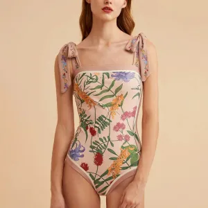Pink Double Sided Print One Piece Swimsuit Set Lace Up Slim Bikini and Beach Skirt Vintage Square Neck Elegant Swimwear 2022
