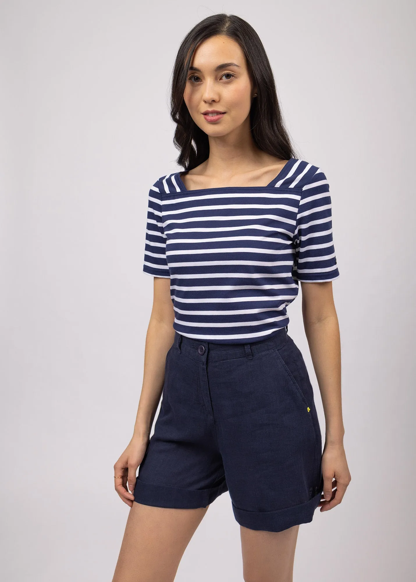 Plneuf square neck striped sailor shirt - short sleeves, in light cotton (MARINE/NEIGE)