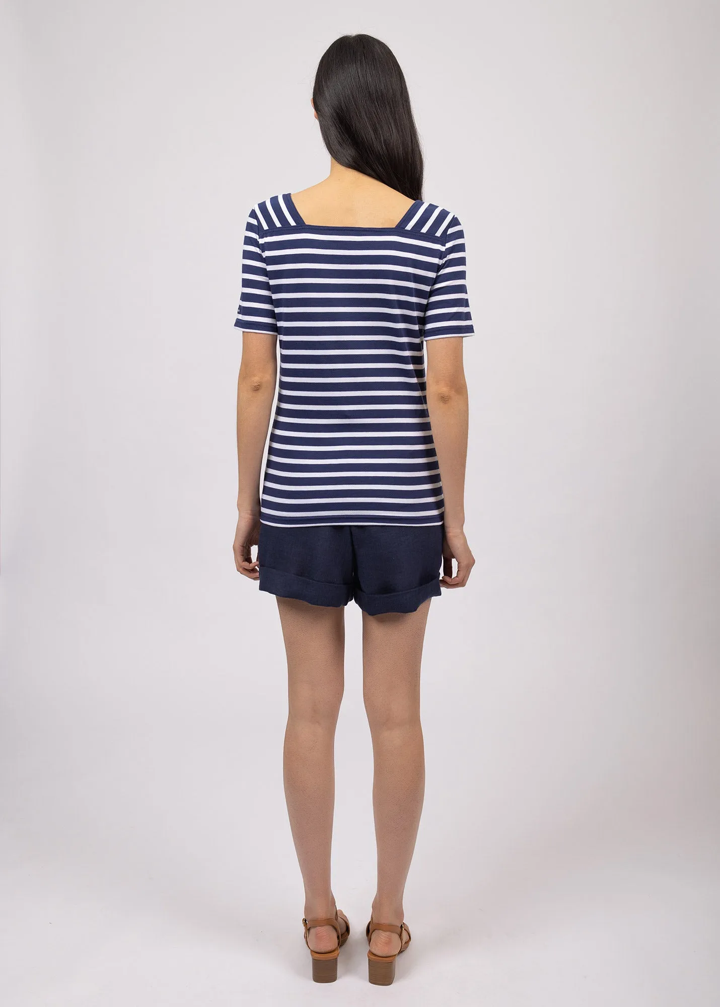 Plneuf square neck striped sailor shirt - short sleeves, in light cotton (MARINE/NEIGE)