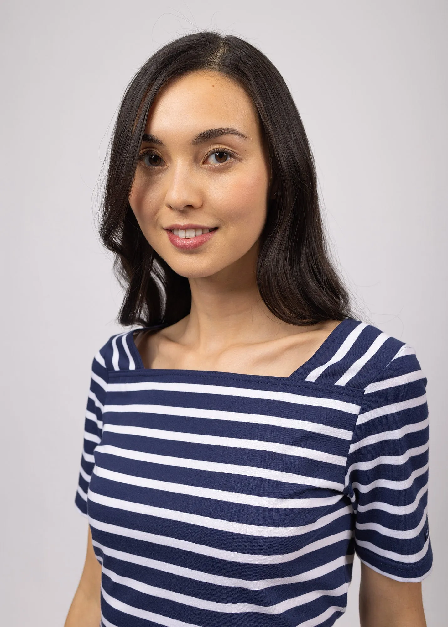 Plneuf square neck striped sailor shirt - short sleeves, in light cotton (MARINE/NEIGE)