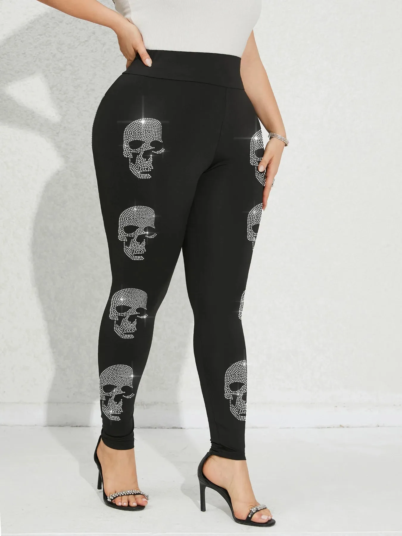 Plus Size Skeleton Rhinestone Leggings for Women – Casual Gym Tights with High Elasticity