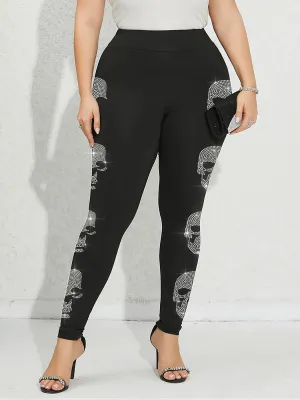 Plus Size Skeleton Rhinestone Leggings for Women – Casual Gym Tights with High Elasticity