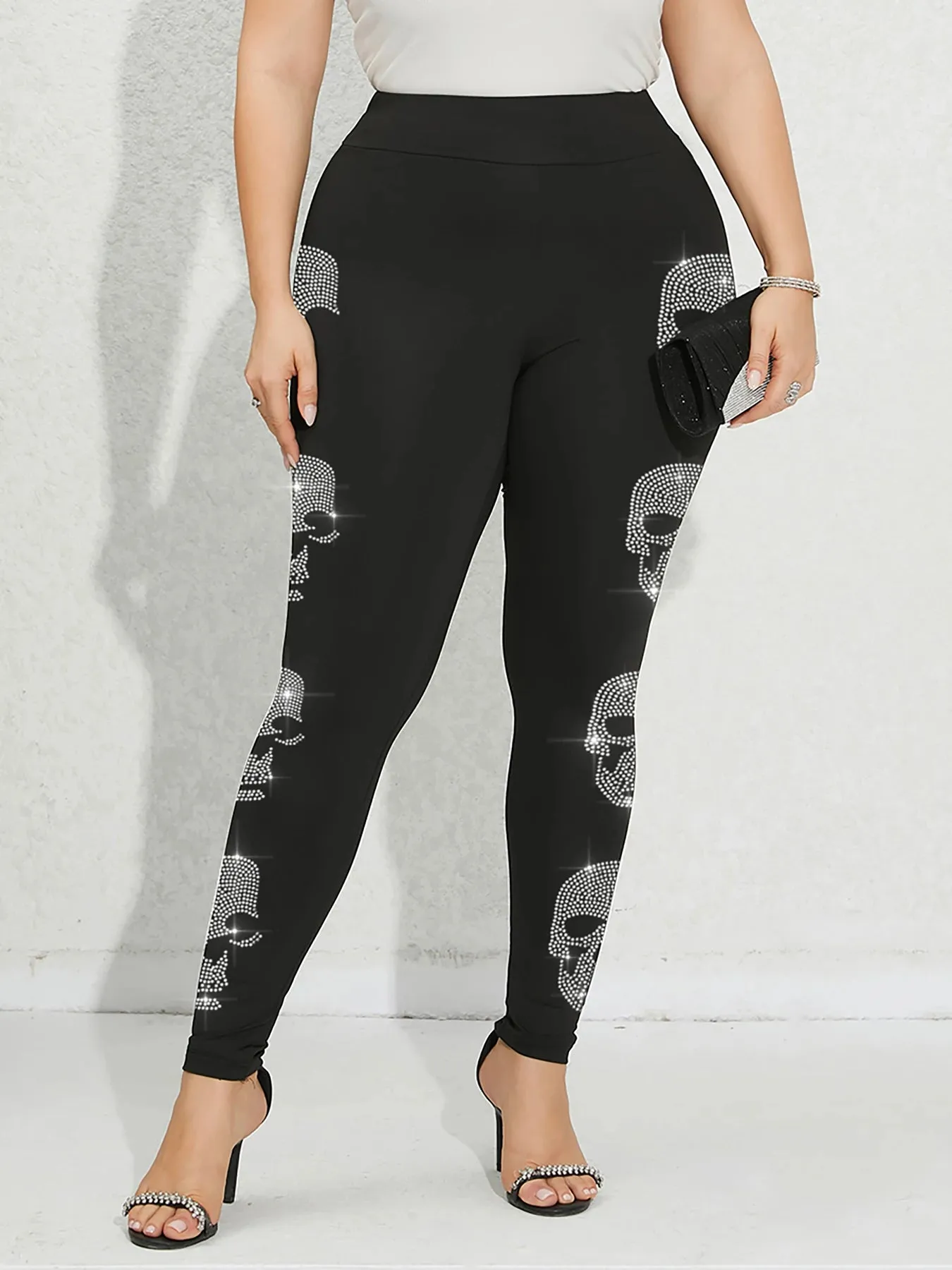 Plus Size Skeleton Rhinestone Leggings for Women – Casual Gym Tights with High Elasticity