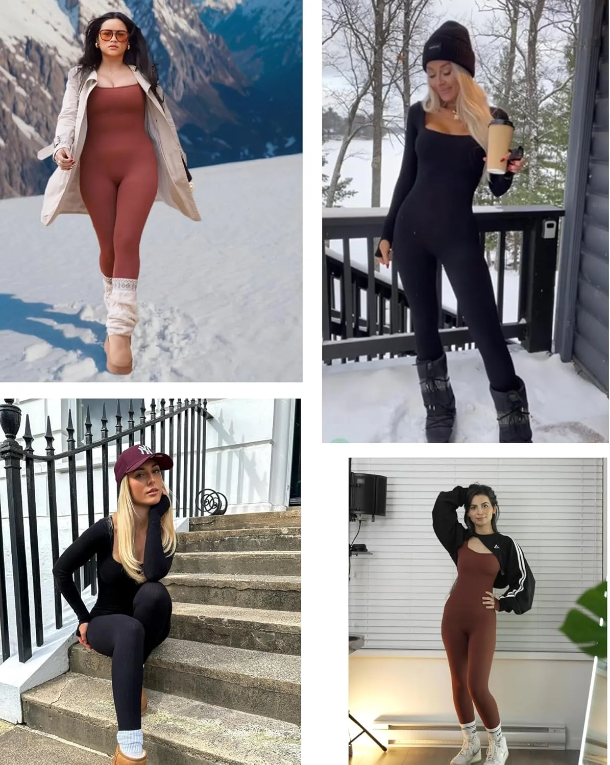 Popilush Jumpsuits for Women Long Sleeve Built-In Bra Square Neck Full Length Leggings Bodycon Stretch Workout Outfits