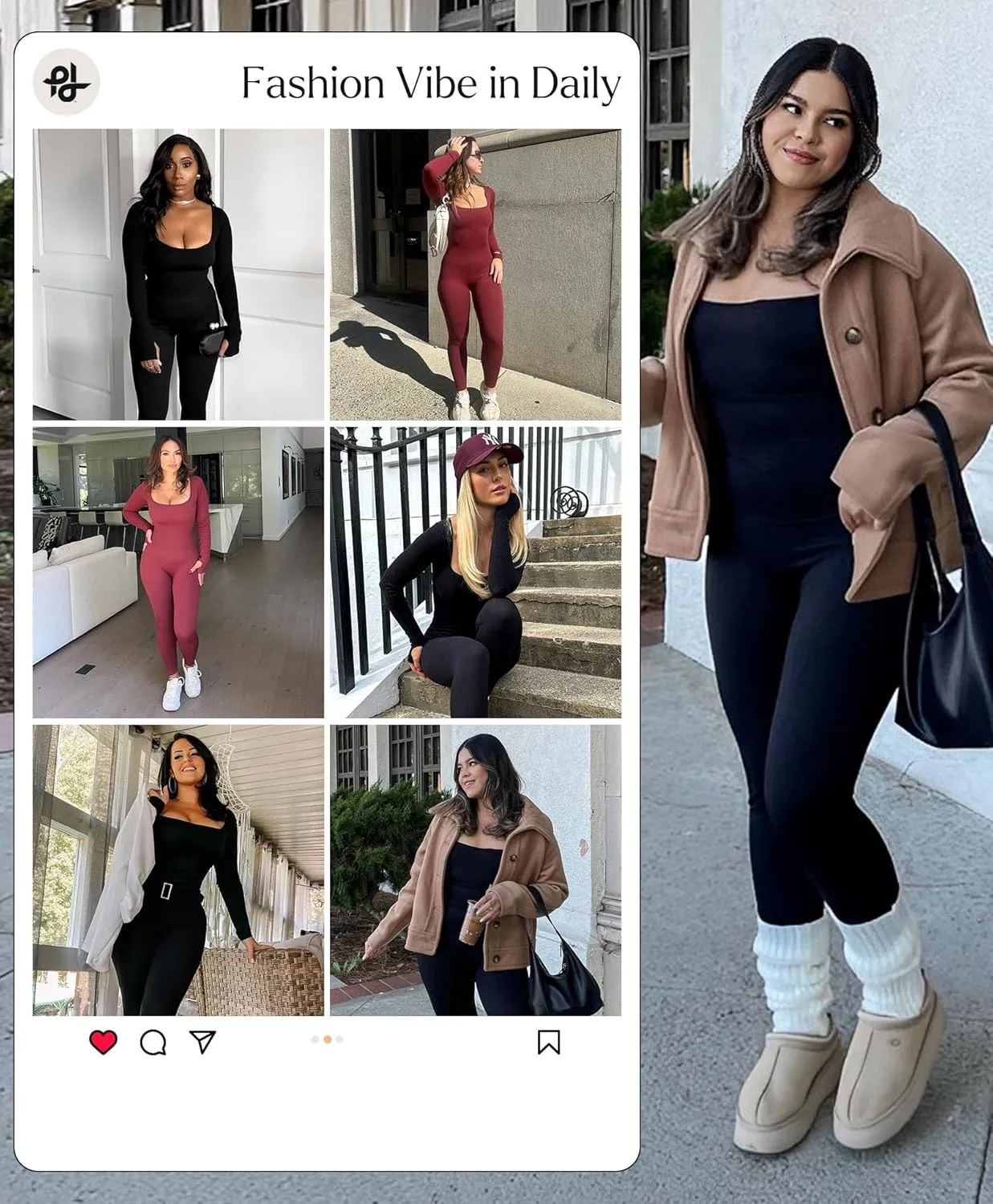 Popilush Jumpsuits for Women Long Sleeve Built-In Bra Square Neck Full Length Leggings Bodycon Stretch Workout Outfits