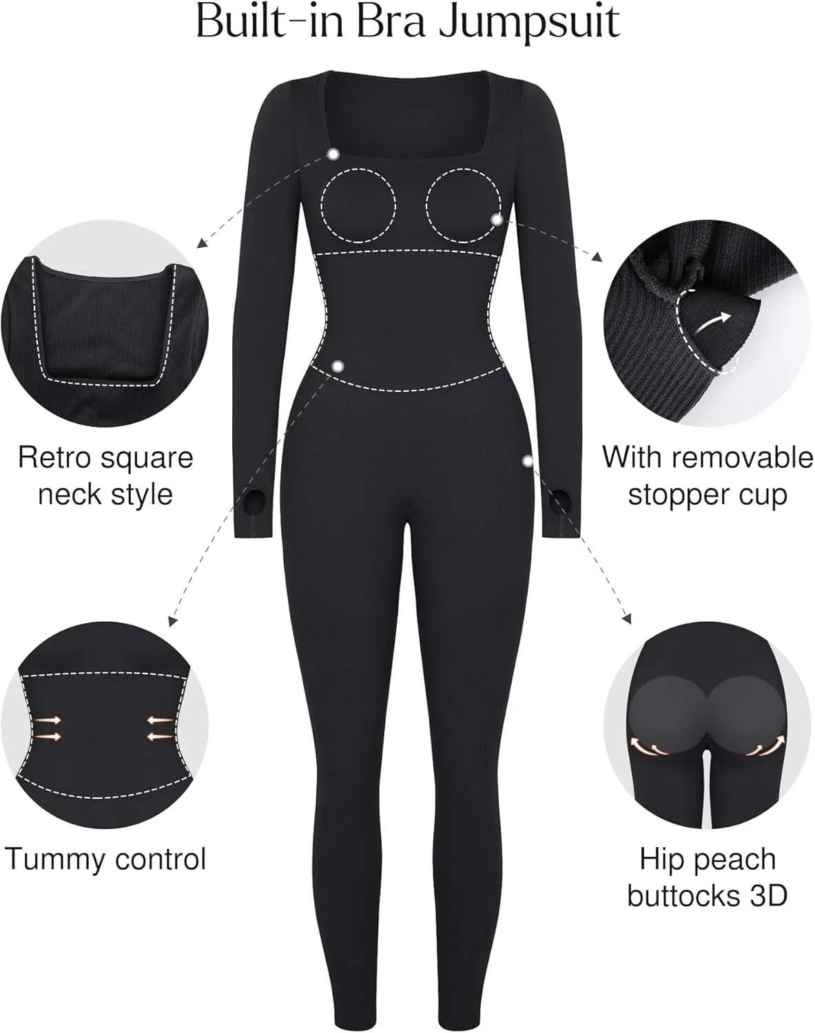 Popilush Jumpsuits for Women Long Sleeve Built-In Bra Square Neck Full Length Leggings Bodycon Stretch Workout Outfits