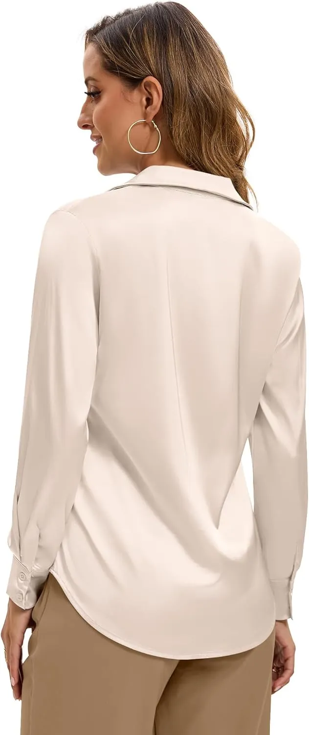 Premium Soft Breathable Stretch Satin Silk Button Down Shirts for Women Long Sleeve Leopard Blouses Work Dress Tops