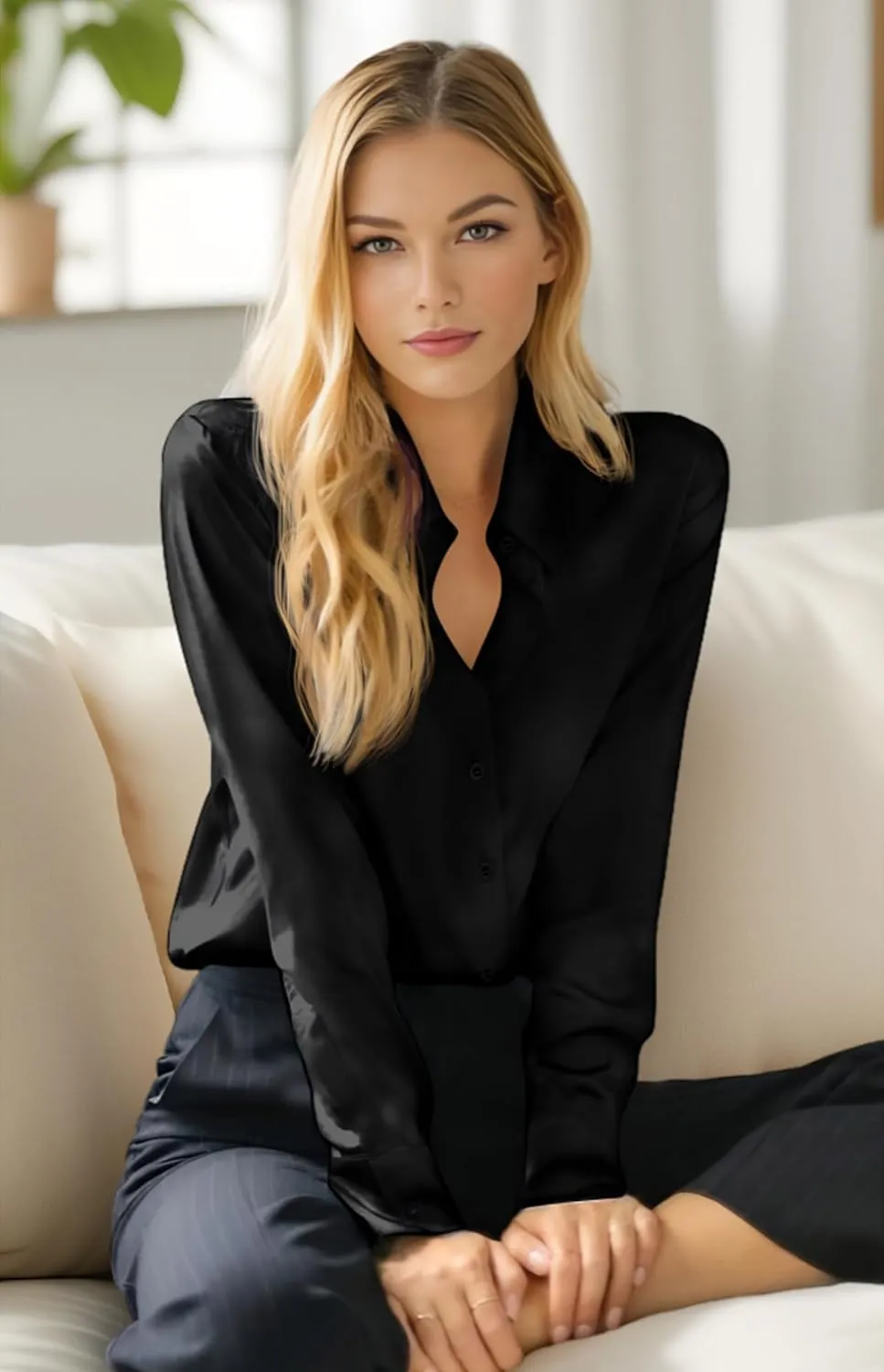 Premium Soft Breathable Stretch Satin Silk Button Down Shirts for Women Long Sleeve Leopard Blouses Work Dress Tops