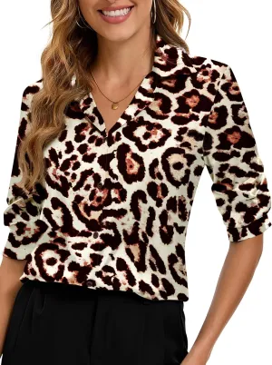 Premium Soft Breathable Stretch Satin Silk Button Down Shirts for Women Long Sleeve Leopard Blouses Work Dress Tops