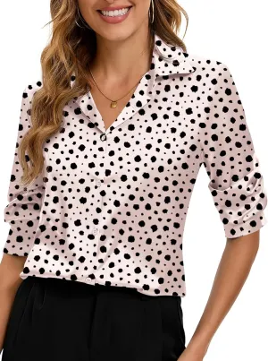 Premium Soft Breathable Stretch Satin Silk Button Down Shirts for Women Long Sleeve Leopard Blouses Work Dress Tops