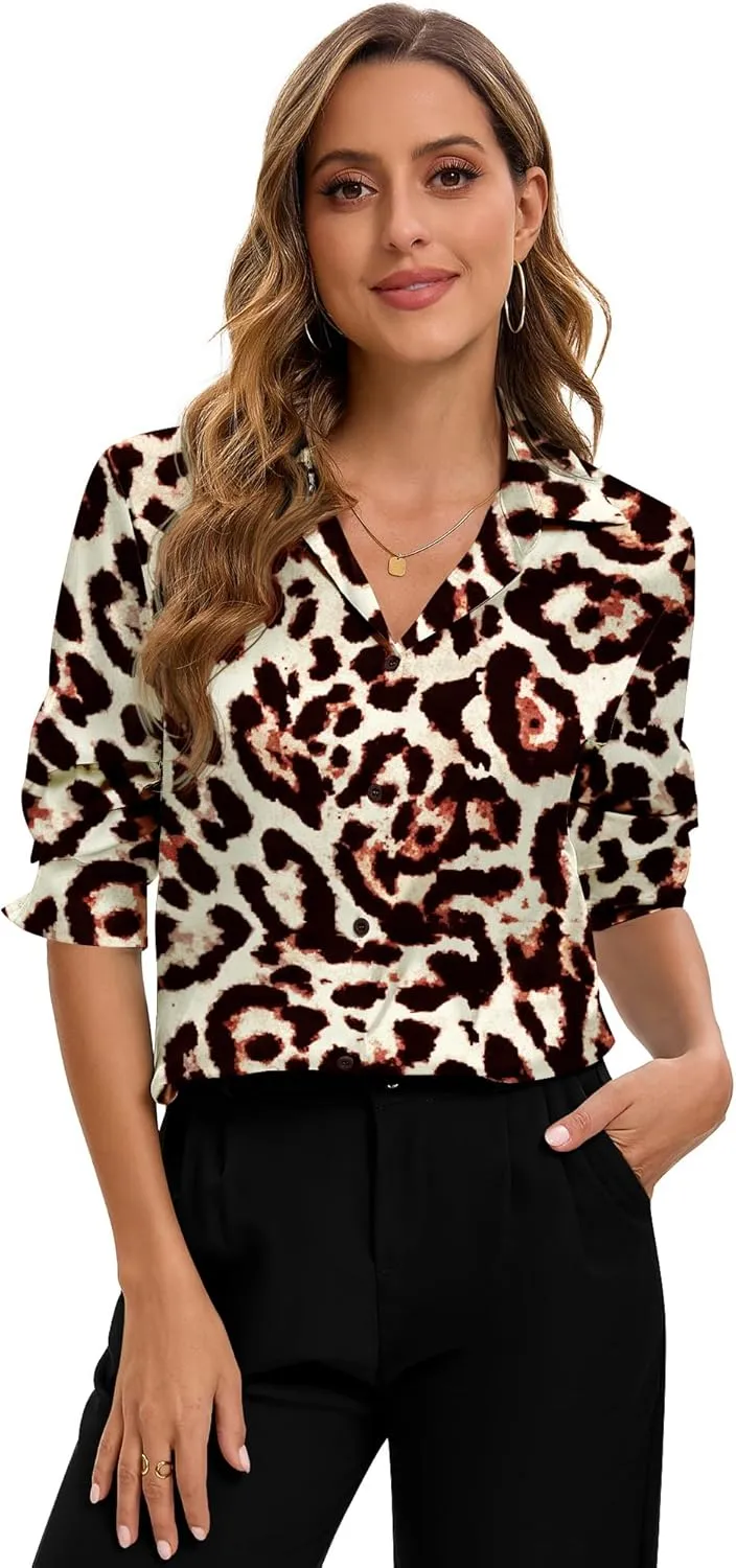 Premium Soft Breathable Stretch Satin Silk Button Down Shirts for Women Long Sleeve Leopard Blouses Work Dress Tops