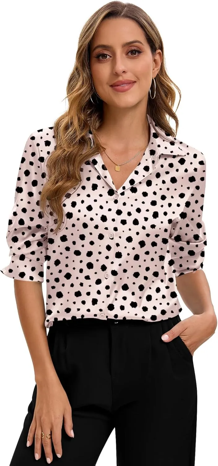 Premium Soft Breathable Stretch Satin Silk Button Down Shirts for Women Long Sleeve Leopard Blouses Work Dress Tops
