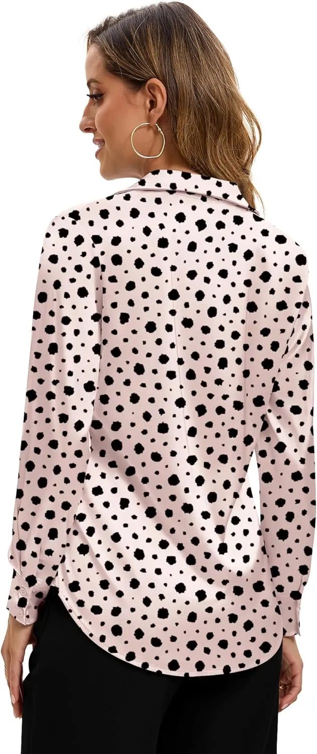 Premium Soft Breathable Stretch Satin Silk Button Down Shirts for Women Long Sleeve Leopard Blouses Work Dress Tops