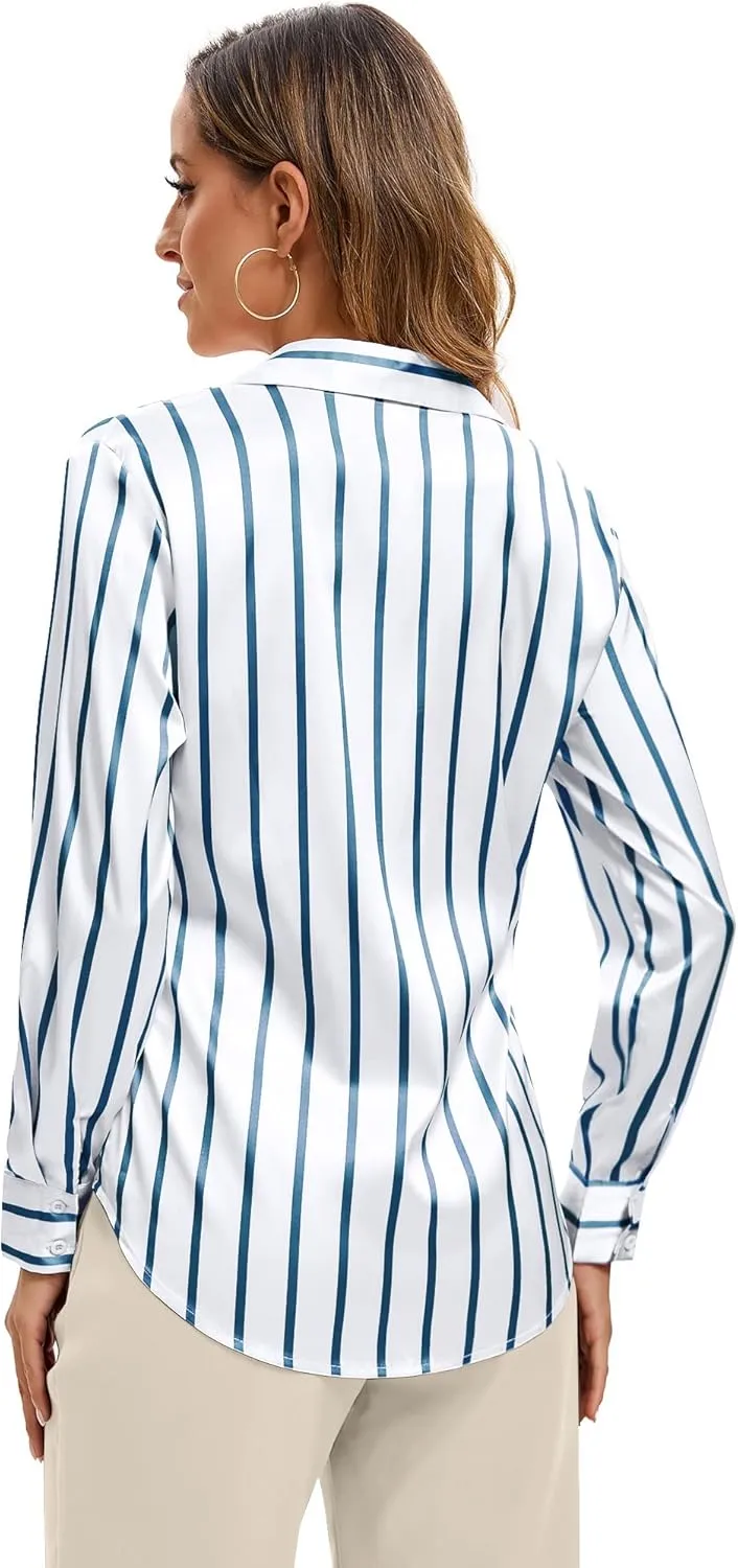 Premium Soft Breathable Stretch Satin Silk Button Down Shirts for Women Long Sleeve Leopard Blouses Work Dress Tops