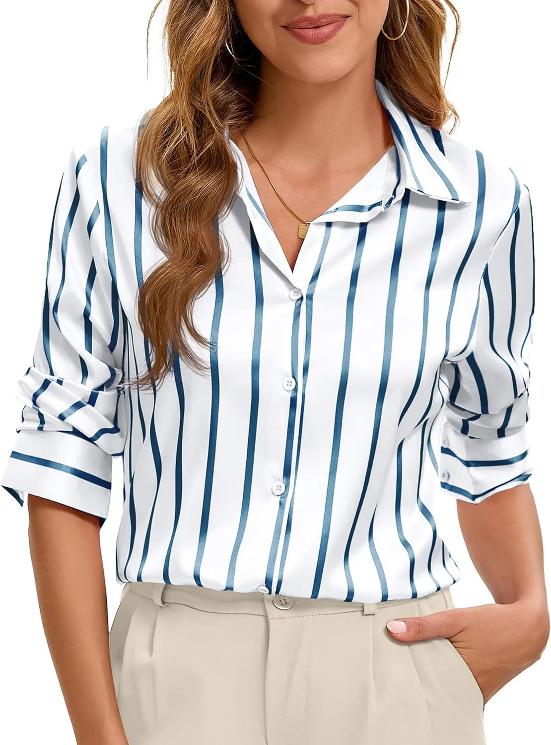Premium Soft Breathable Stretch Satin Silk Button Down Shirts for Women Long Sleeve Leopard Blouses Work Dress Tops