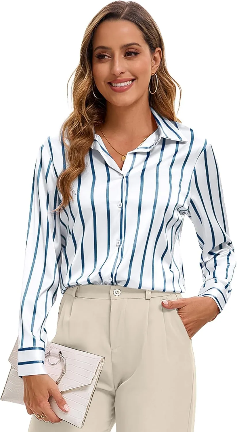 Premium Soft Breathable Stretch Satin Silk Button Down Shirts for Women Long Sleeve Leopard Blouses Work Dress Tops