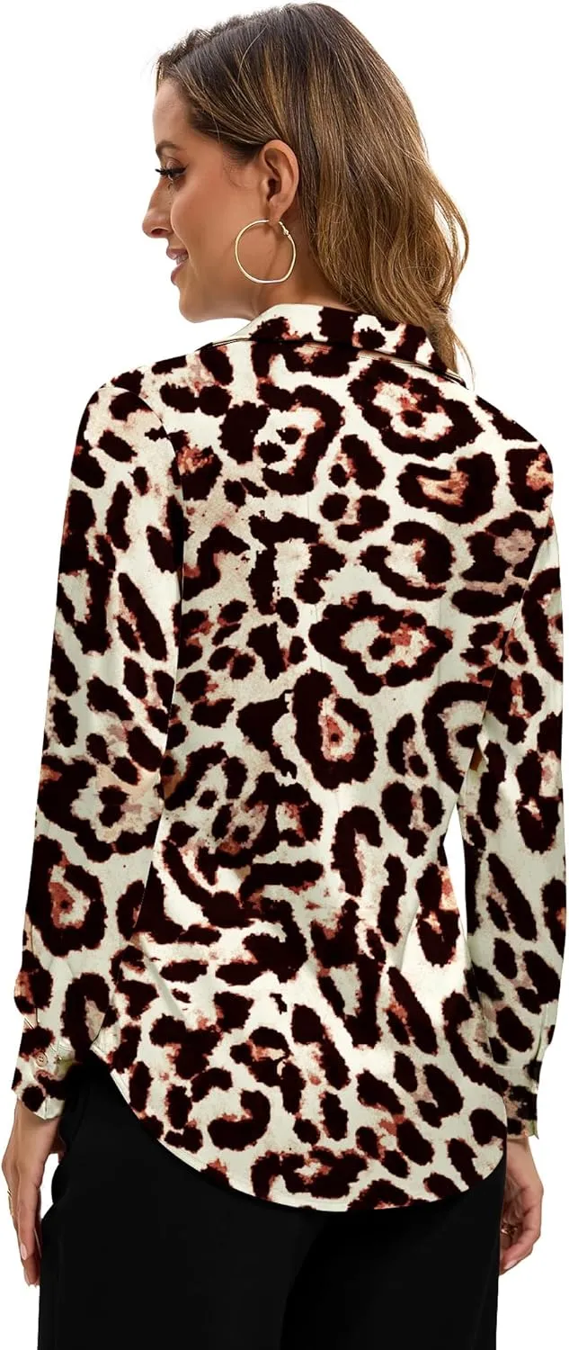Premium Soft Breathable Stretch Satin Silk Button Down Shirts for Women Long Sleeve Leopard Blouses Work Dress Tops