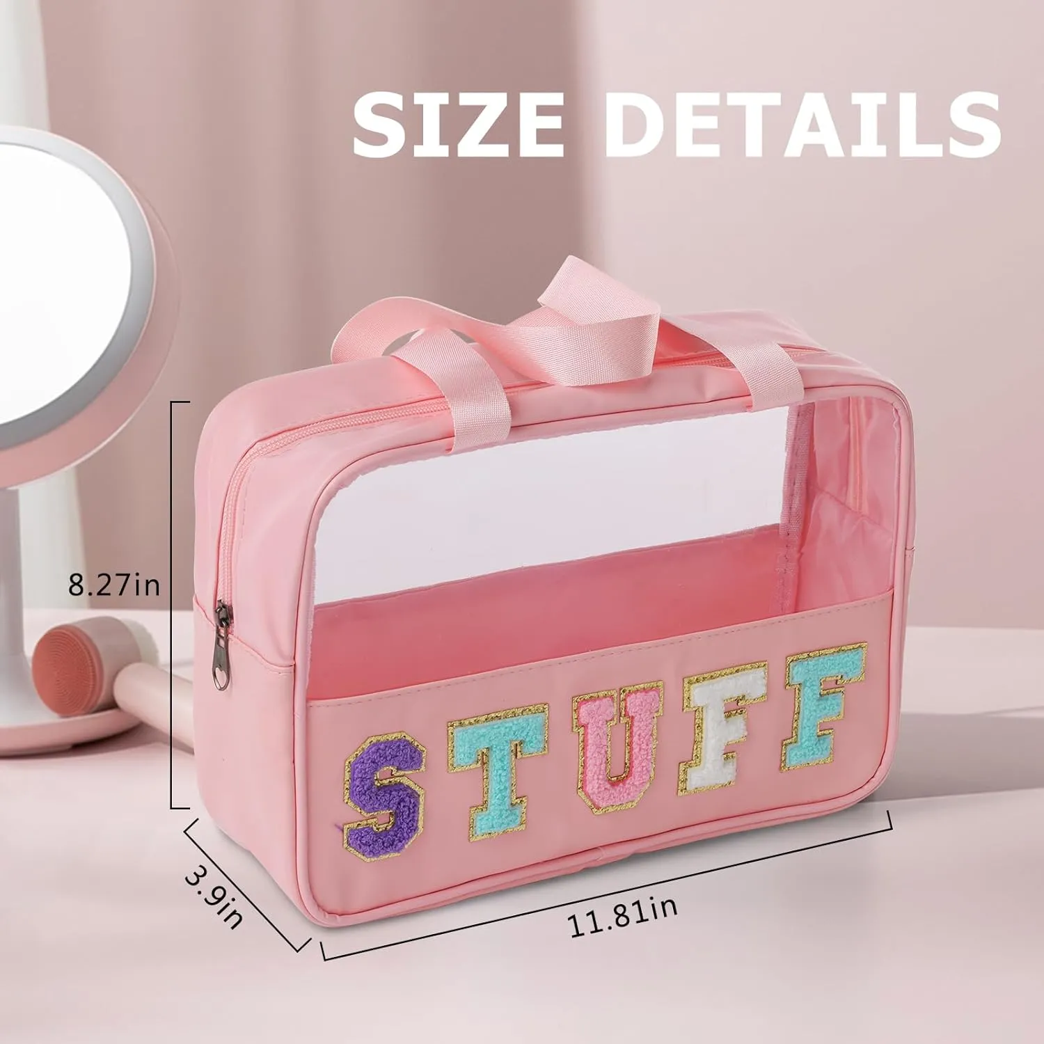 Preppy Clear Makeup Bags with Chenille Letter Patches, Travel Essentials Large Clear Zipper Pouch with Dual Handles,Waterproof PU Cosmetic Toiletry Storage Tote for Women Girls(STUFF)