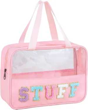 Preppy Clear Makeup Bags with Chenille Letter Patches, Travel Essentials Large Clear Zipper Pouch with Dual Handles,Waterproof PU Cosmetic Toiletry Storage Tote for Women Girls(STUFF)
