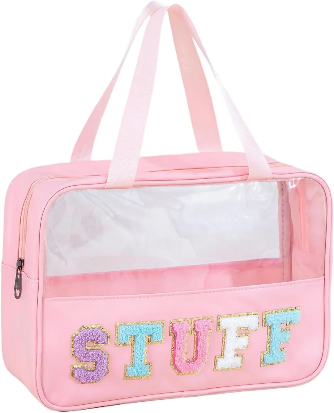 Preppy Clear Makeup Bags with Chenille Letter Patches, Travel Essentials Large Clear Zipper Pouch with Dual Handles,Waterproof PU Cosmetic Toiletry Storage Tote for Women Girls(STUFF)
