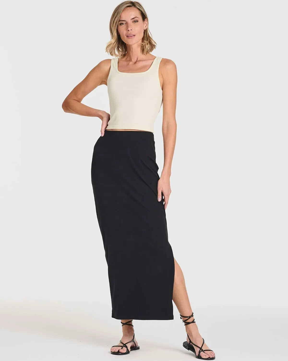 Real Essentials 3 Pack: Women's Ribbed High Waisted Maxi Skirt with Side Slit - Casual Long Pencil Skirt