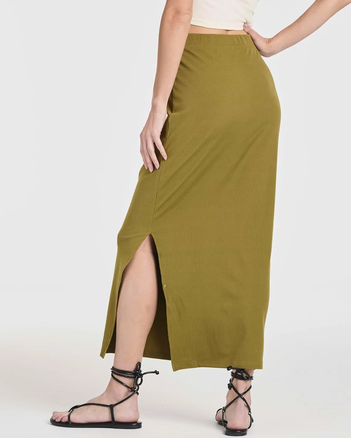 Real Essentials 3 Pack: Women's Ribbed High Waisted Maxi Skirt with Side Slit - Casual Long Pencil Skirt