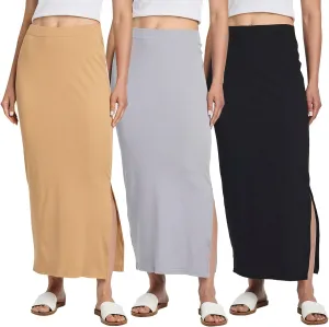 Real Essentials 3 Pack: Women's Ribbed High Waisted Maxi Skirt with Side Slit - Casual Long Pencil Skirt