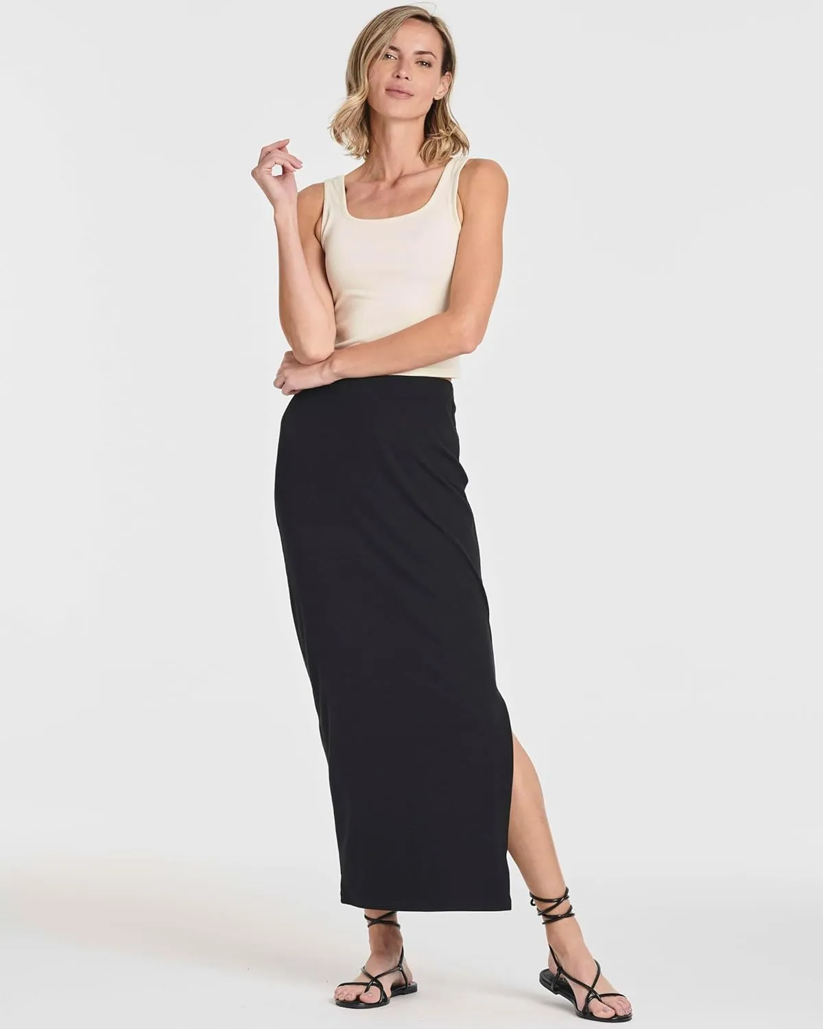 Real Essentials 3 Pack: Women's Ribbed High Waisted Maxi Skirt with Side Slit - Casual Long Pencil Skirt