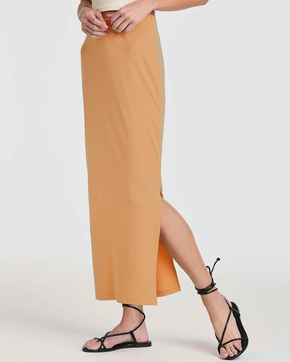 Real Essentials 3 Pack: Women's Ribbed High Waisted Maxi Skirt with Side Slit - Casual Long Pencil Skirt