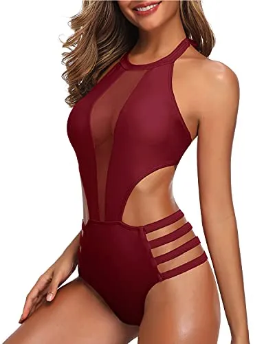 Removable Push Up Bra Mesh Cutout One Piece Monokini Swimwear-Maroon