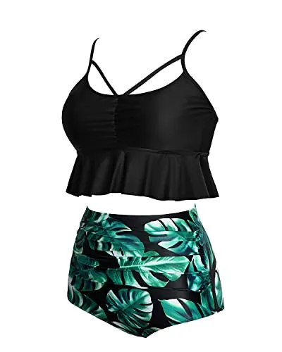 Retro Removable Cotton-Padded Bra High Waist Bikini Sets-Black Leaf
