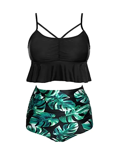 Retro Removable Cotton-Padded Bra High Waist Bikini Sets-Black Leaf
