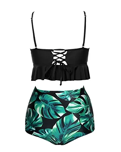 Retro Removable Cotton-Padded Bra High Waist Bikini Sets-Black Leaf