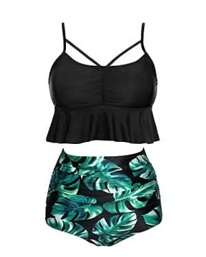 Retro Removable Cotton-Padded Bra High Waist Bikini Sets-Black Leaf