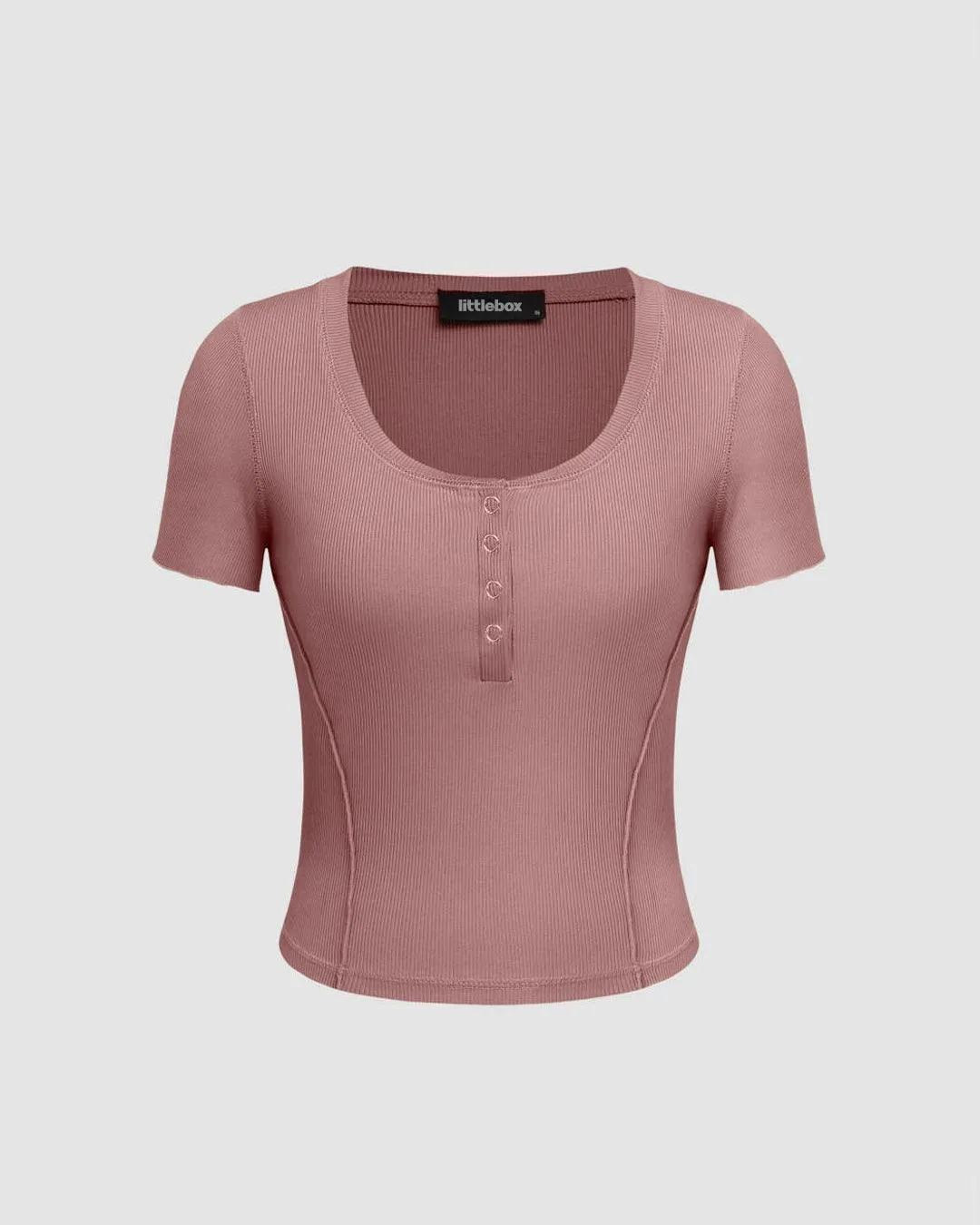 Round Neck Front Button Short Sleeve Dusty Pink T-shirt
