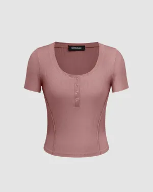 Round Neck Front Button Short Sleeve Dusty Pink T-shirt
