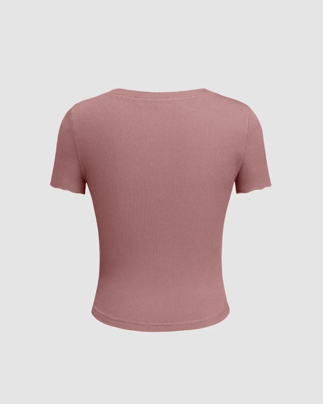 Round Neck Front Button Short Sleeve Dusty Pink T-shirt