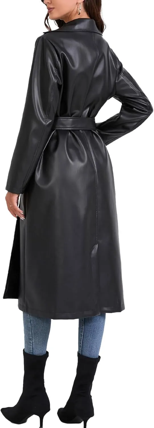 SEMATOMALA Women's Black Faux Leather Long Coat PU Leather Notched Lapel Trench Coat Open Front Maxi Jacket Overcoat