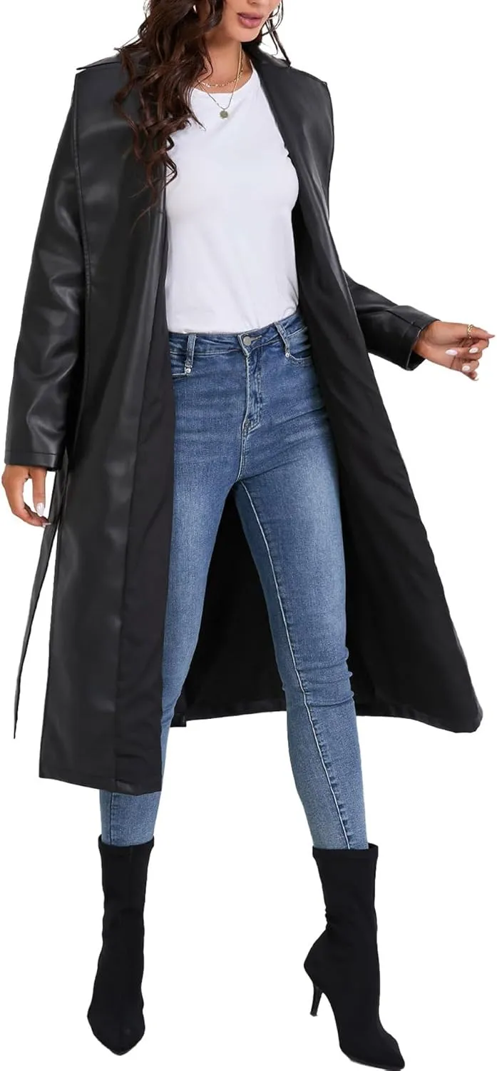 SEMATOMALA Women's Black Faux Leather Long Coat PU Leather Notched Lapel Trench Coat Open Front Maxi Jacket Overcoat
